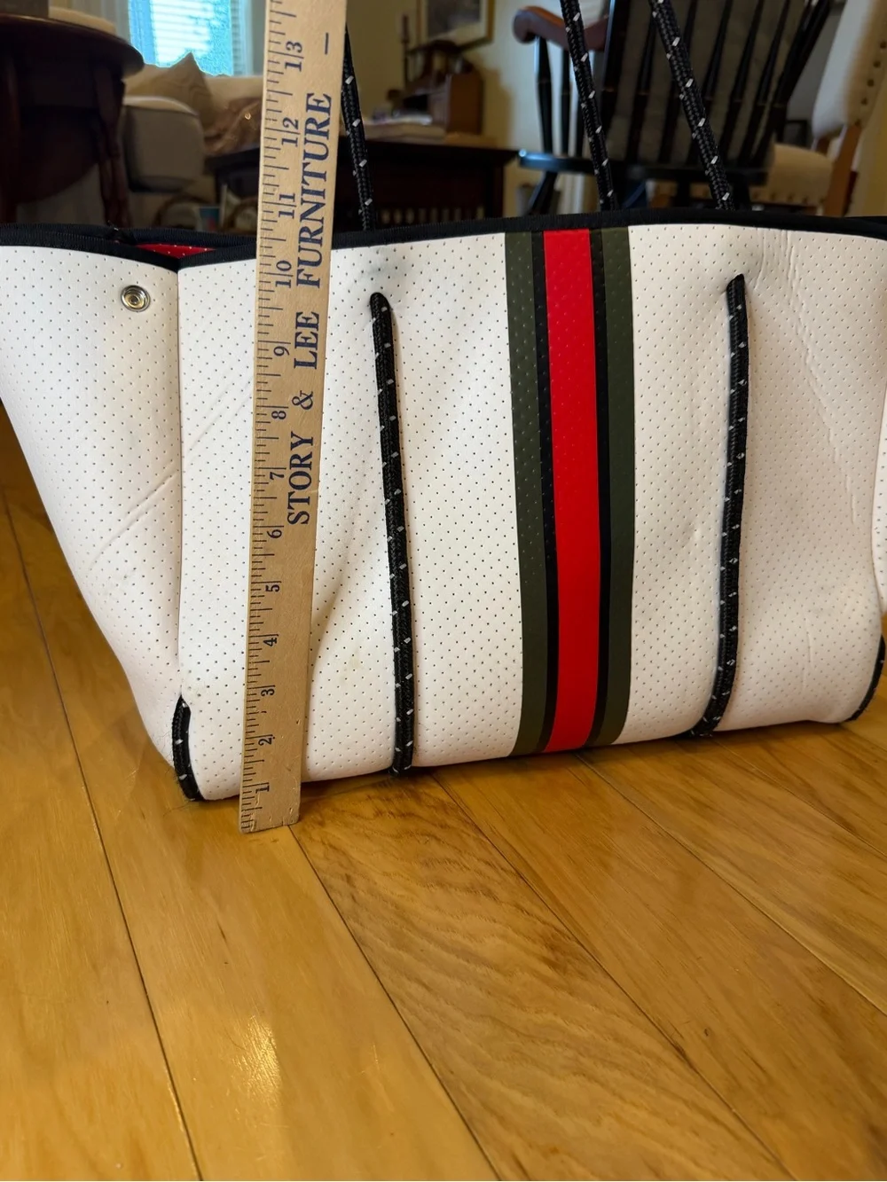 HAUTE SHORE White Neoprene Tote with Red and Green Center Stripe